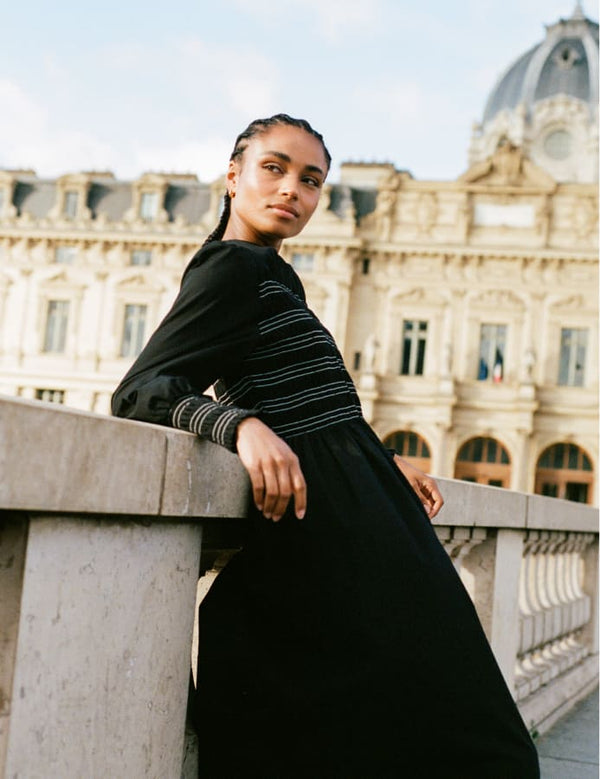 Black with White Stitching Marie Prairie Midi Dress