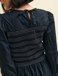 Black with White Stitching Marie Prairie Midi Dress