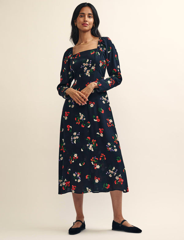Black Wildflower Print Abby Midi Dress