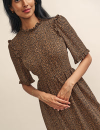 Leopard Print Ruffle Trimmed Ivy Midi Dress