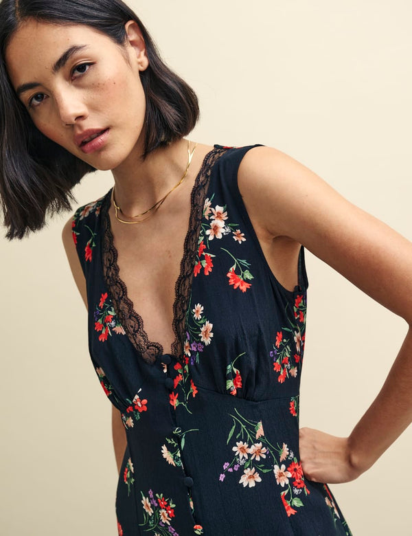 Black Wildflower Print Joni Midi Dress