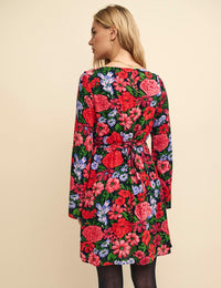 Black and Red Floral Flute Sleeve Layla Mini Dress