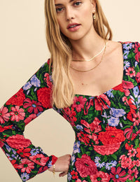 Black and Red Floral Flute Sleeve Layla Mini Dress