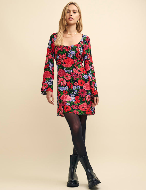 Black and Red Floral Flute Sleeve Layla Mini Dress