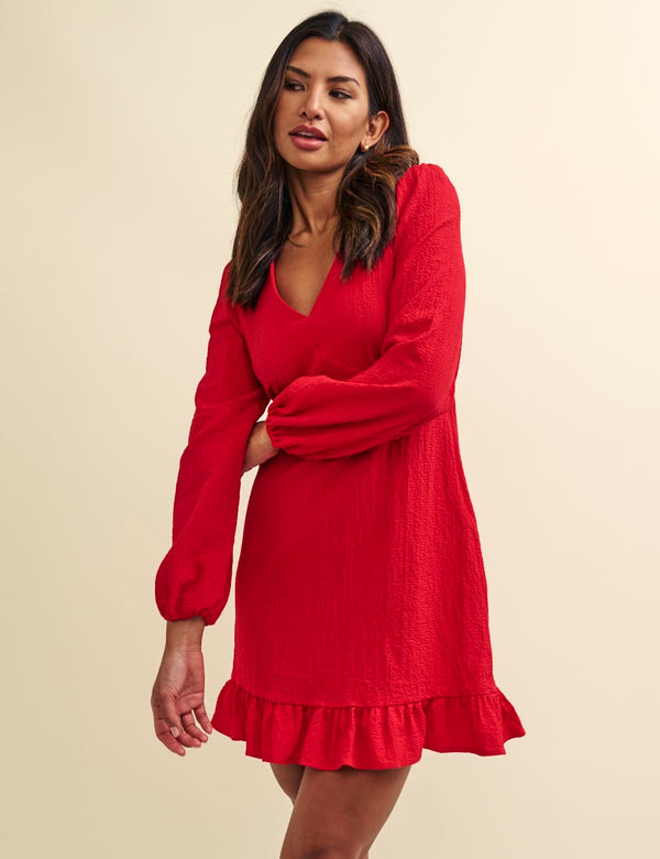 Red Crinkle Delilah Long Sleeve Mini Dress