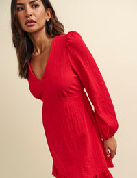 Red Crinkle Delilah Long Sleeve Mini Dress