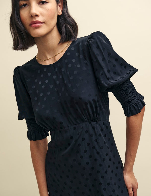 Black Satin Jacquard Luna Midi Dress