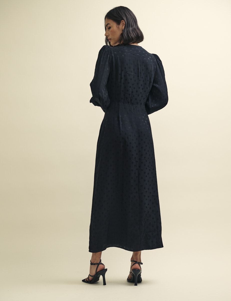 Black Satin Jacquard Tasha Midi Dress