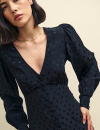 Black Satin Spot Jacquard Tasha Midi Dress