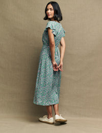 Green Pansie Print Lily Midi Tea Dress