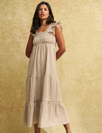 Brown Gingham Check Maya Midi Dress