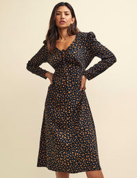 Black and Orange Spot Print Long Sleeve Lily Midi Dress