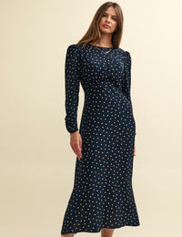 Black Spot Print Long Sleeve Sienna Midi Dress