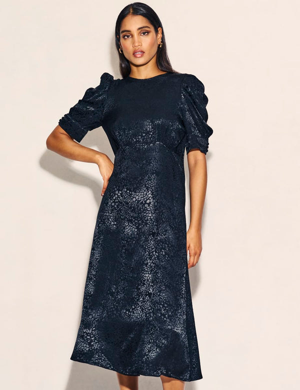 Black Satin Jacquard Moira Midaxi Dress