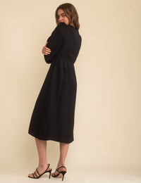 Petite Black Satin Jacquard V-Neck Tasha Midi Dress