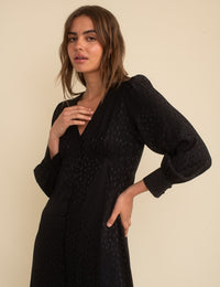 Petite Black Satin Jacquard V-Neck Tasha Midi Dress