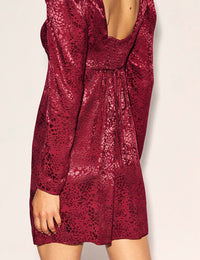 Burgundy Satin Jacquard Valentina Long Sleeve Mini Dress