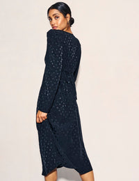 Black Satin Jacquard Long Sleeve Dee Dee Midi Dress