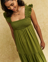 Olive Green Smock Maya Midi Dress