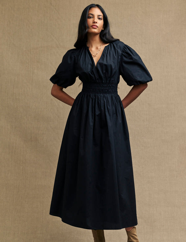 Black Puff Sleeve Athene Midi Dress
