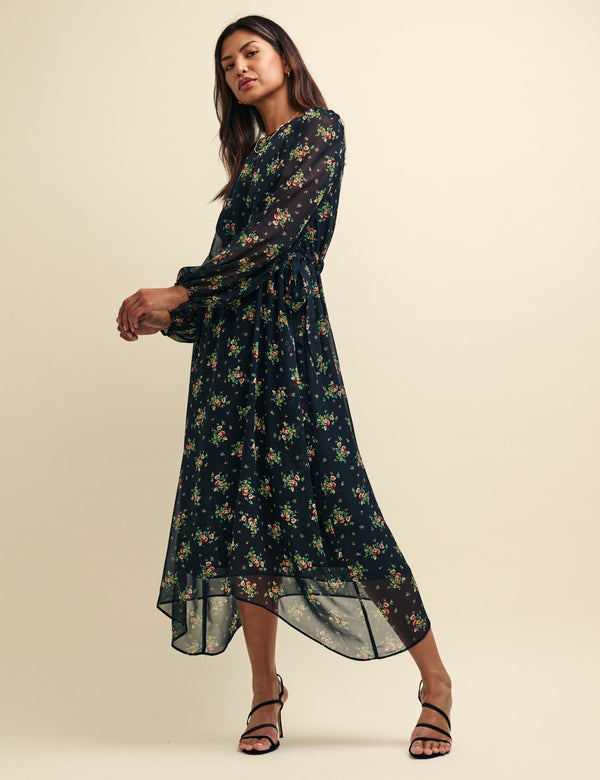 Black Ditsy Floral Este Chiffon Midaxi Dress