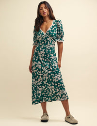 Green Ditsy Floral Monday Lace Trim Midaxi Dress