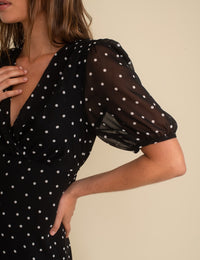 Black Spot Print Chiffon Wrap Molly Midi Dress