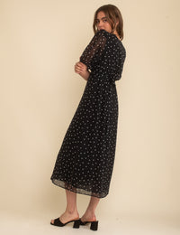 Black Spot Print Chiffon Wrap Molly Midi Dress
