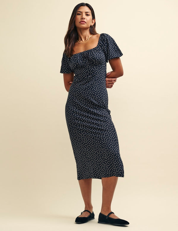 Black Spot Print Ruched Bodice Oregon Jersey Midi Dress