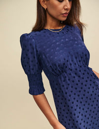 Blue Satin Jacquard Luna Midi Dress