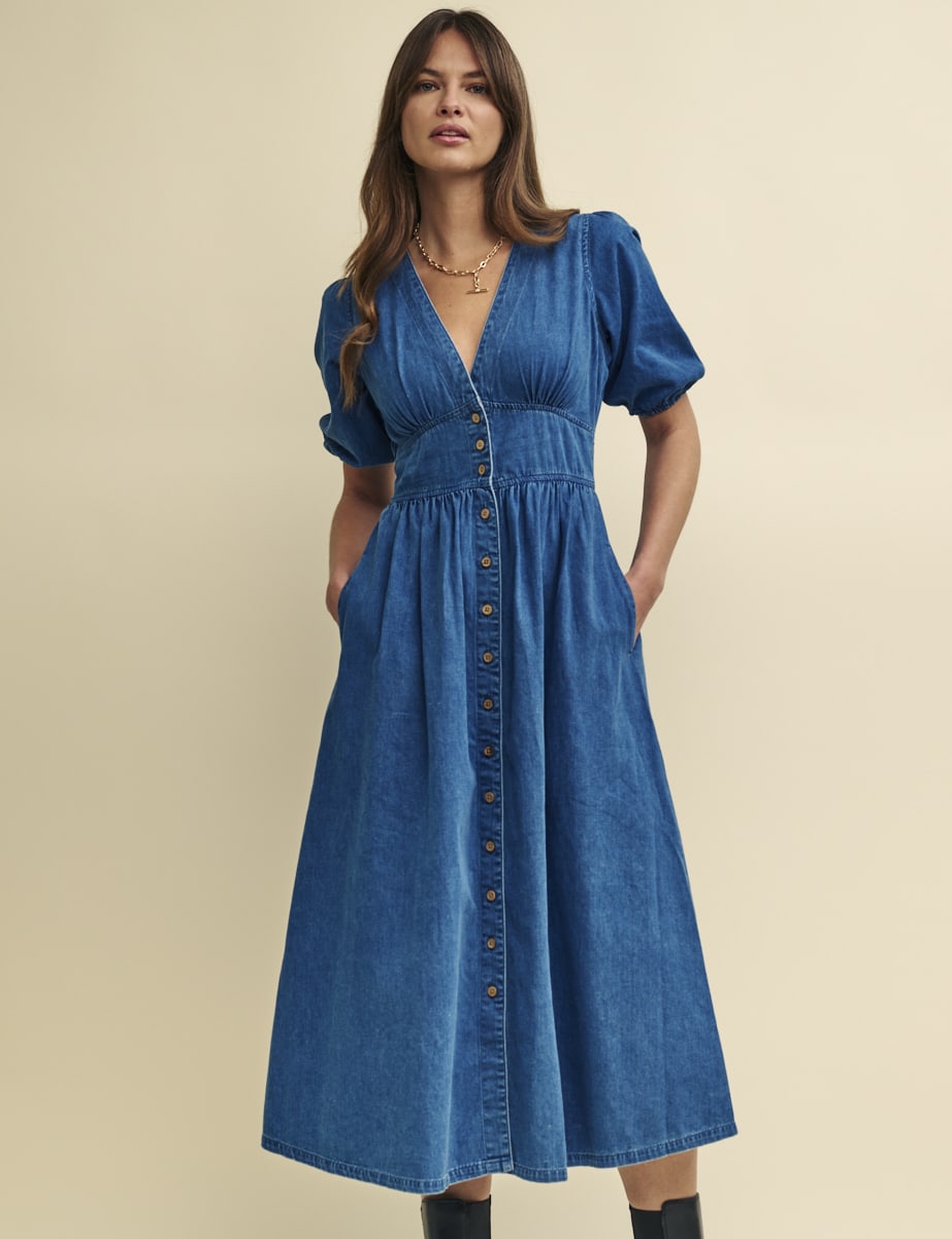 Gili Ss V Neck Dress Light Blue Denim