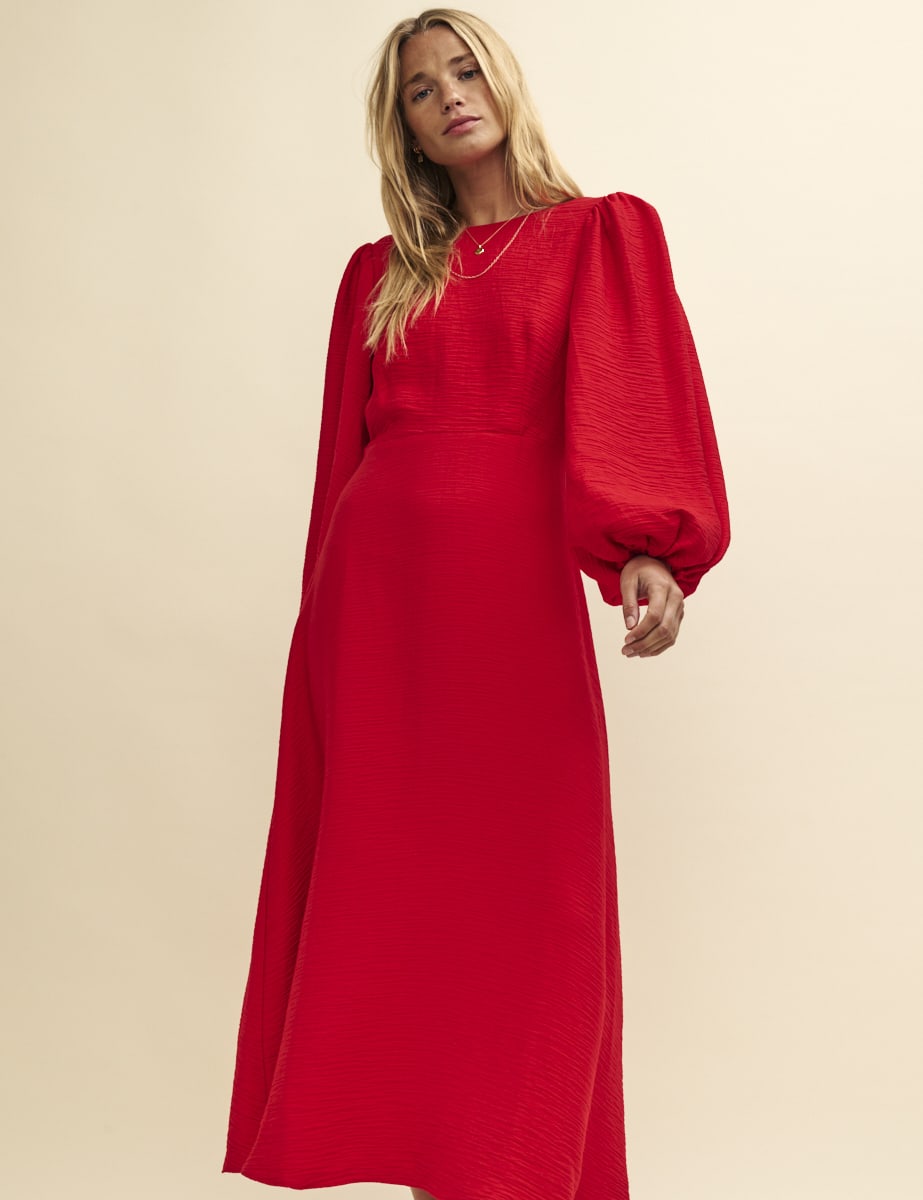 Red Balloon Sleeve Zora Midi Dress - Main Image