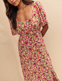 Pink Floral Balloon Sleeve Dee Dee Midi Dress