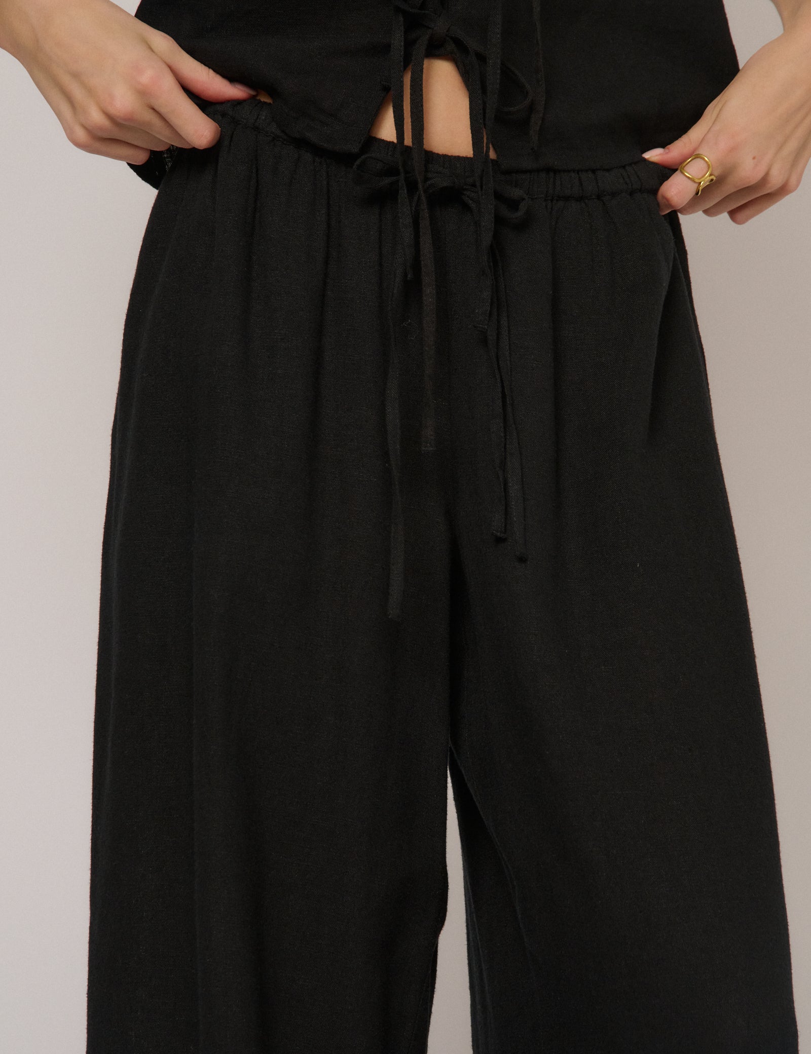 Black Linen-Blend Low Waisted Trousers