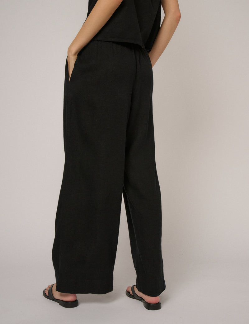 Black Linen-Blend Low Waisted Straight Leg Trousers