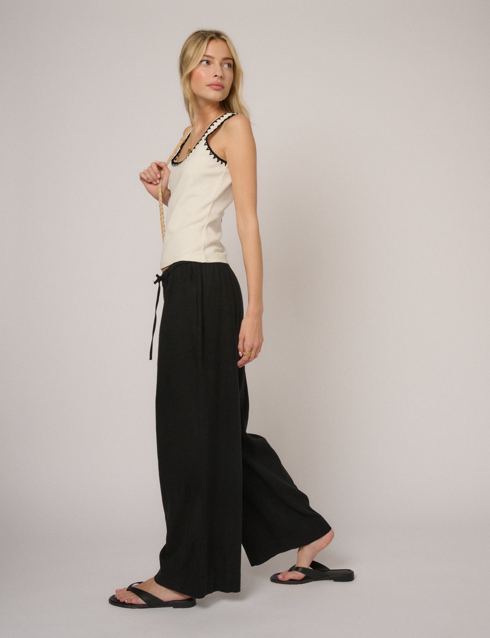 Black Linen-Blend Low Waisted Trousers