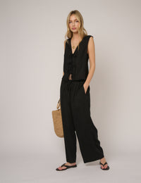 Black Linen-Blend Low Waisted Trousers