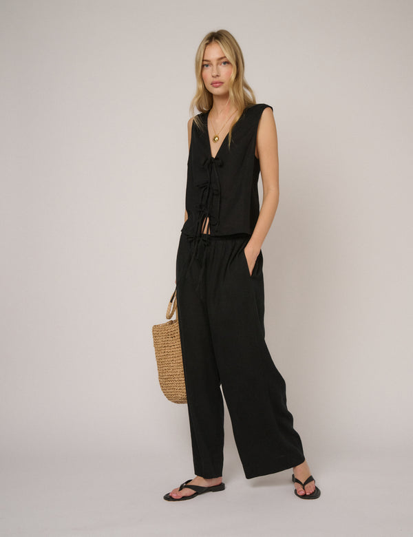 Black Linen-Blend Low Waisted Trousers