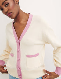 Cream and Pink Contrast Stitch Cardigan