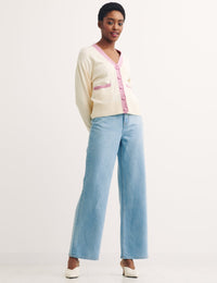 Cream and Pink Contrast Stitch Cardigan