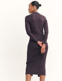 Brown Button Through Rib Knit Collared Midi Dress