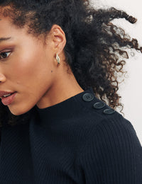 Black Rib High Neck Button Shoulder Detail Top