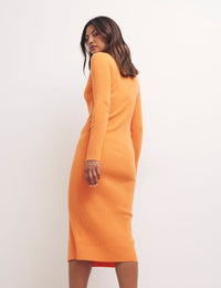 Orange Button Through Ribbed Midi Dress