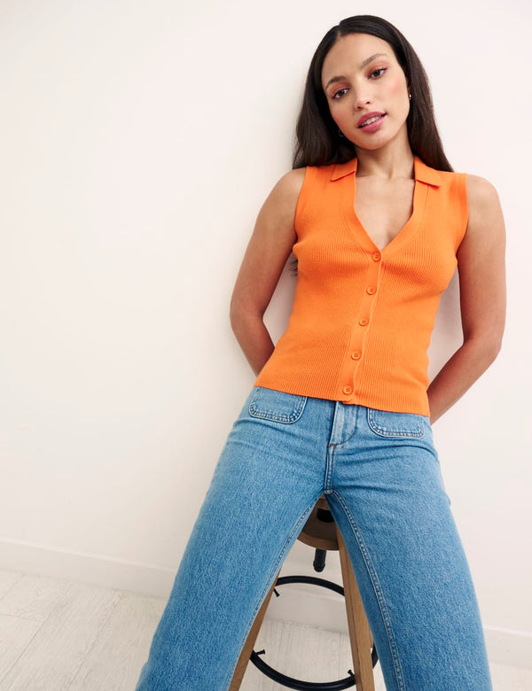 Orange Sleeveless Button Through Knitted Top