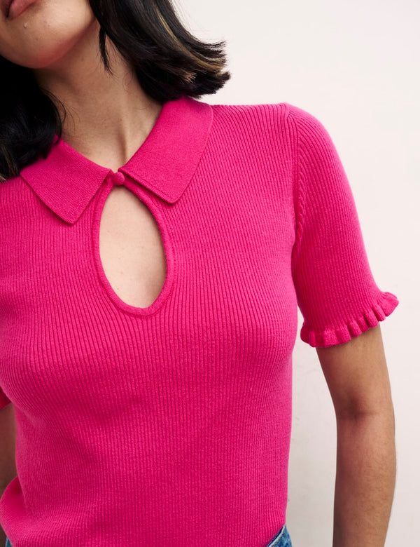 Pink Keyhole & Collar Knitted Top