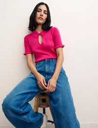 Pink Keyhole & Collar Knitted Top