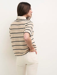 Cream & Black Mock Crochet Stripe Cardigan
