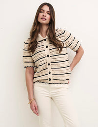 Cream & Black Mock Crochet Stripe Cardigan