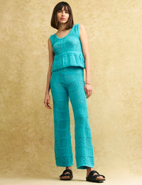 Blue Mock-Crochet Knit Patchwork Vest