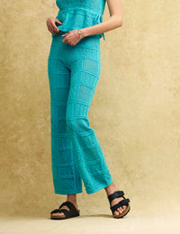 Blue Mock-Crochet Knit Patchwork Trousers